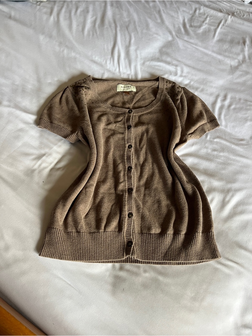 Sonoma Short-Sleeve Brown Button-Up Knit Cardigan